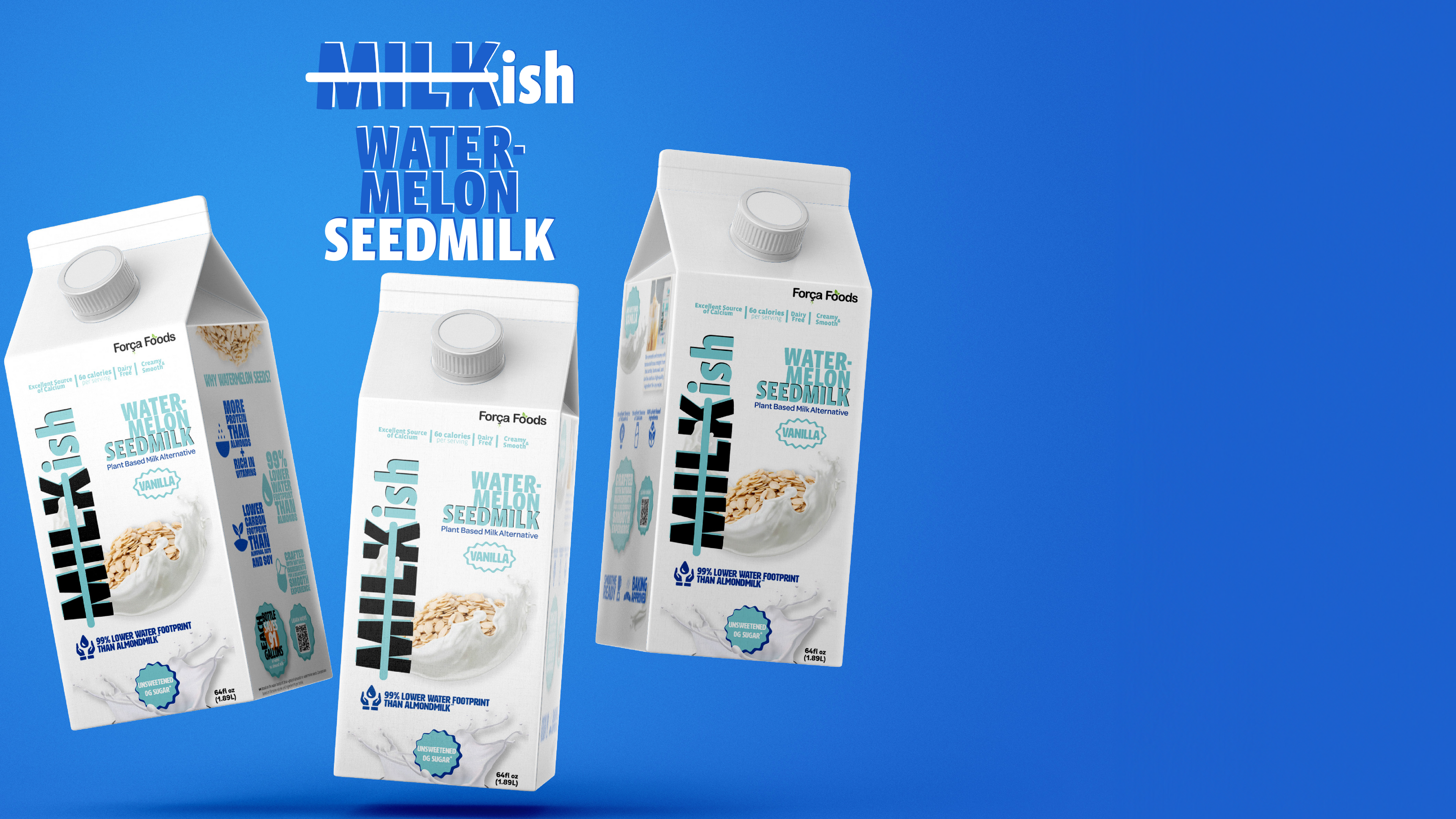 Plant based milk cartons with the caption "Watermelon Seed Milk"