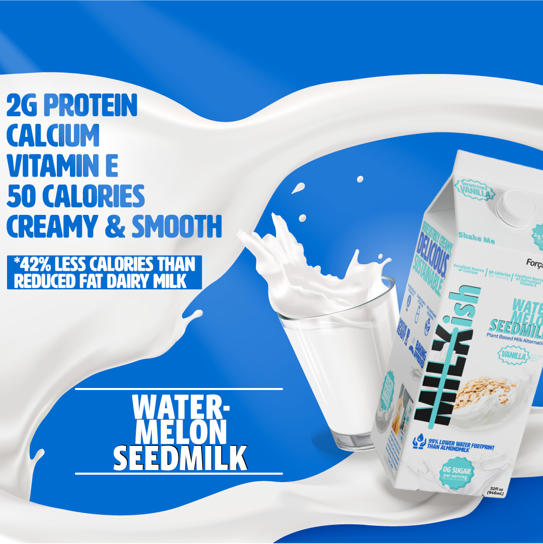 Graphic showing a plant based milk carton with attributes such as 2 grams of protein, calcium, vitamin E, 50 calories, creamy and smooth, and 42% less calories than 2% milk