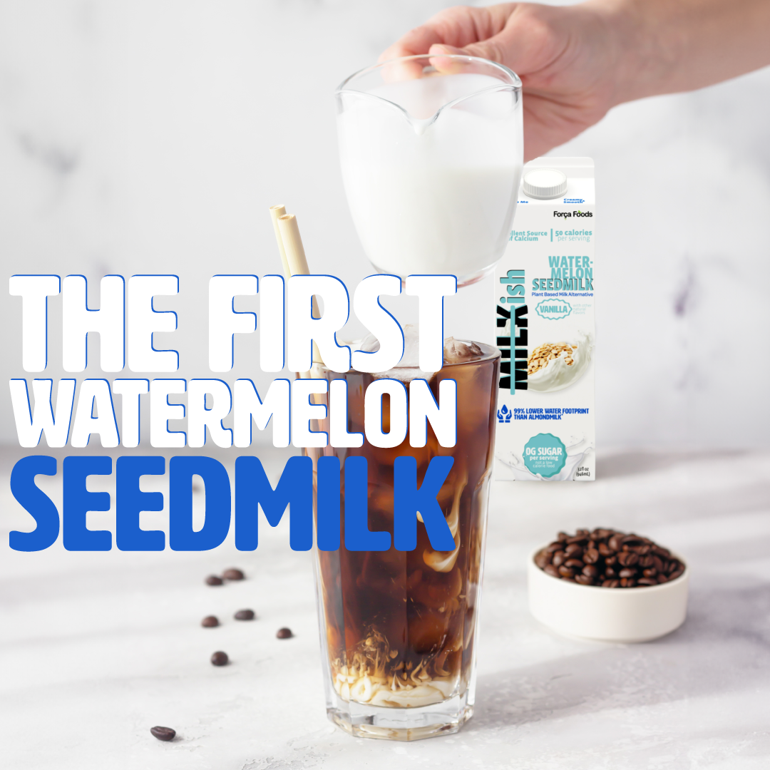 Cold brew coffee with a plant based milk being added to it. Caption "The first watermelon seed milk"