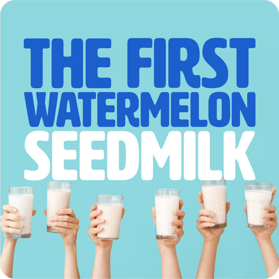 Picture of hands holding up glasses of milk with the caption "the first watermelon seed milk"